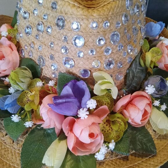 FESTIE STRAW HAT! One-of-a-kind,UV Reactive hanging Mushrooms, silk florals. - Picture 2 of 10